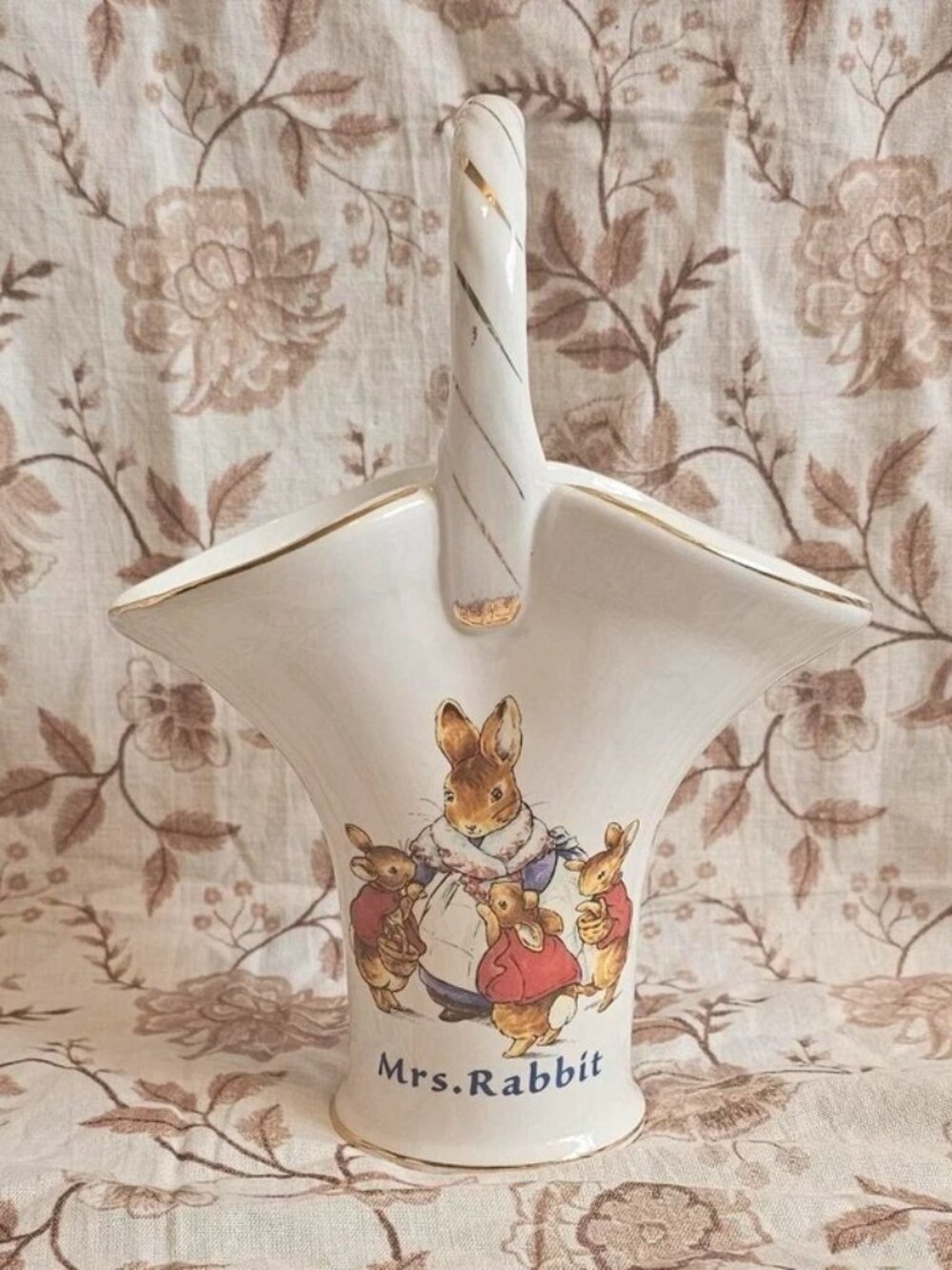 Mrs. Rabbit Beatrix Potter basket vase with illustration of Mrs. Rabbit and her